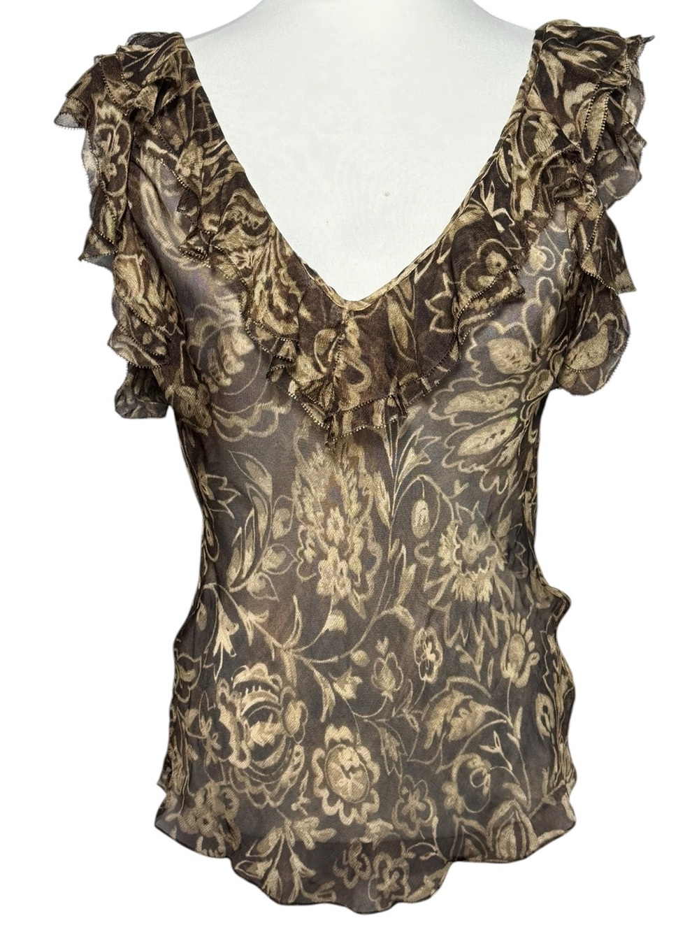 Ralph Lauren Black Label Silk Brown Floral Sheer Ruffle Top Size 8
